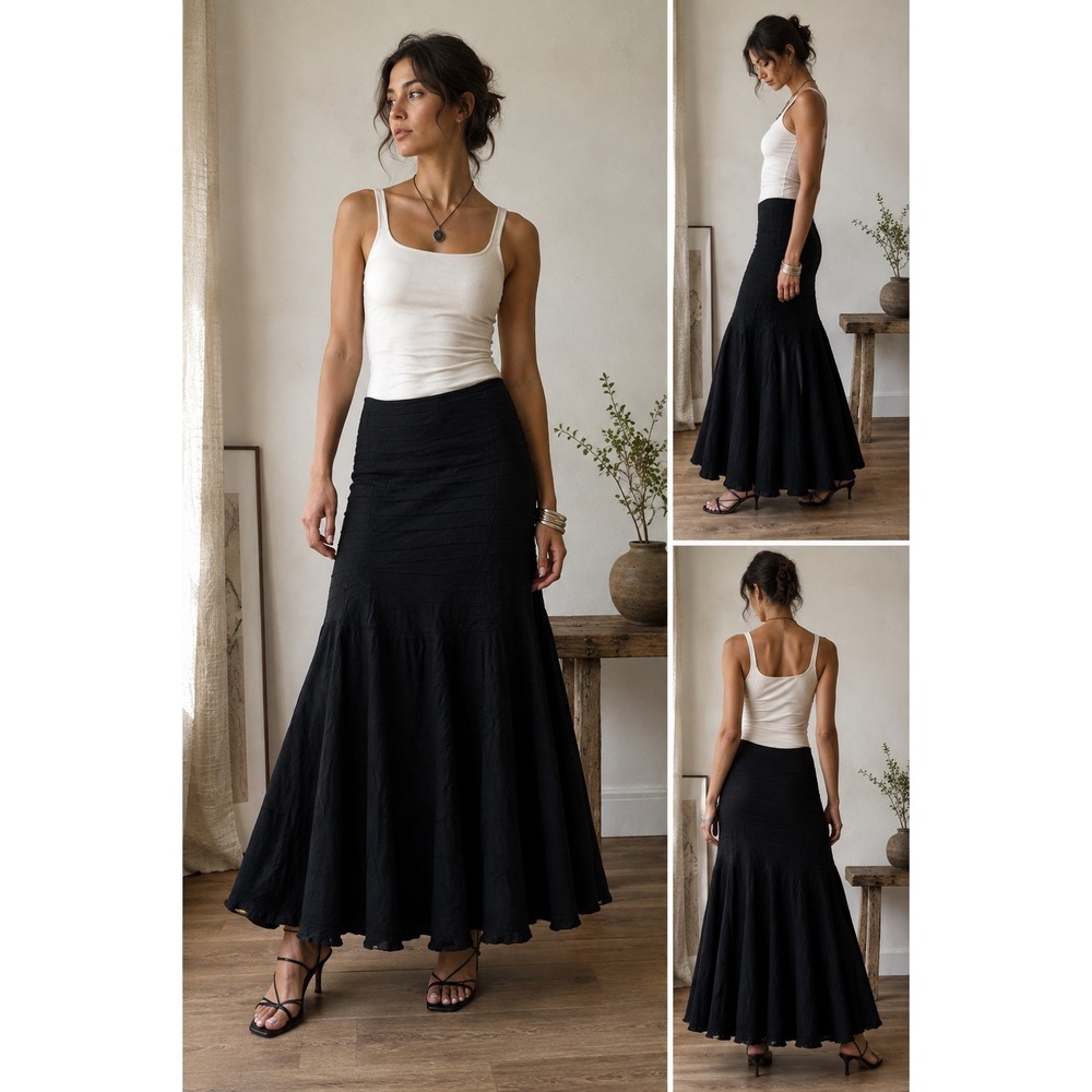 Persaman New York Black Linen Blend Mermaid Maxi Skirt Size 4 Textured Tiered
